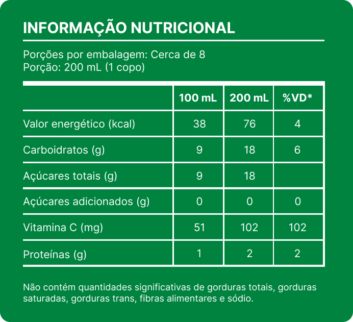 Tabela nutricional de suco industrializado integral de laranja, sem açúcar adicionado