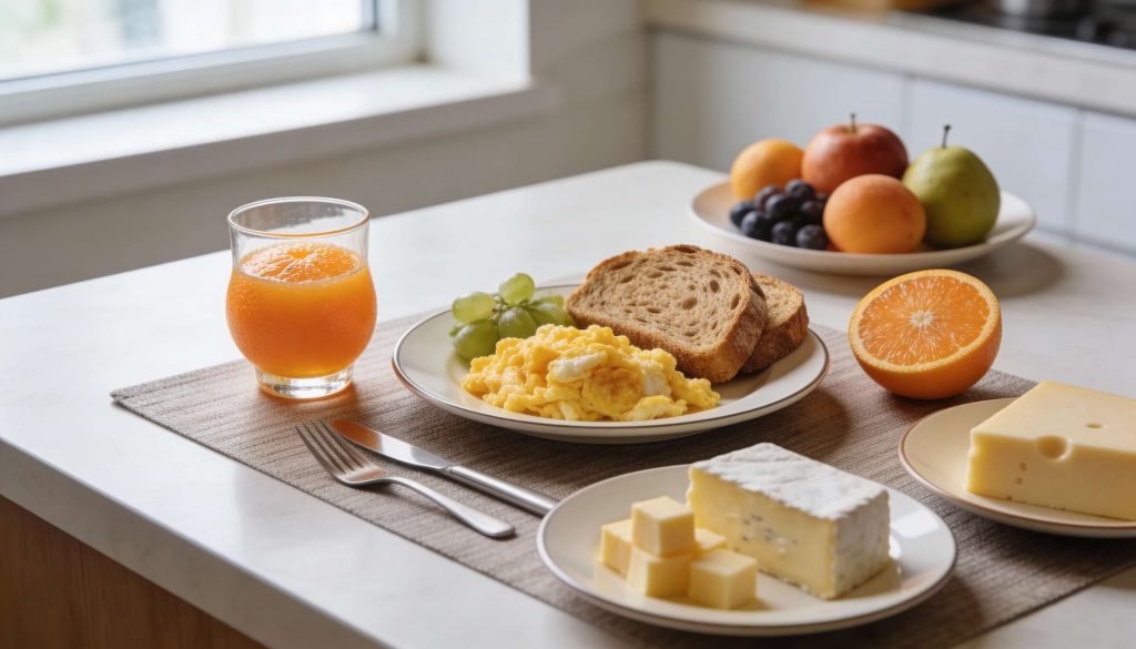 Café da manhã com suco integral, pão e frutas servido na medida certa